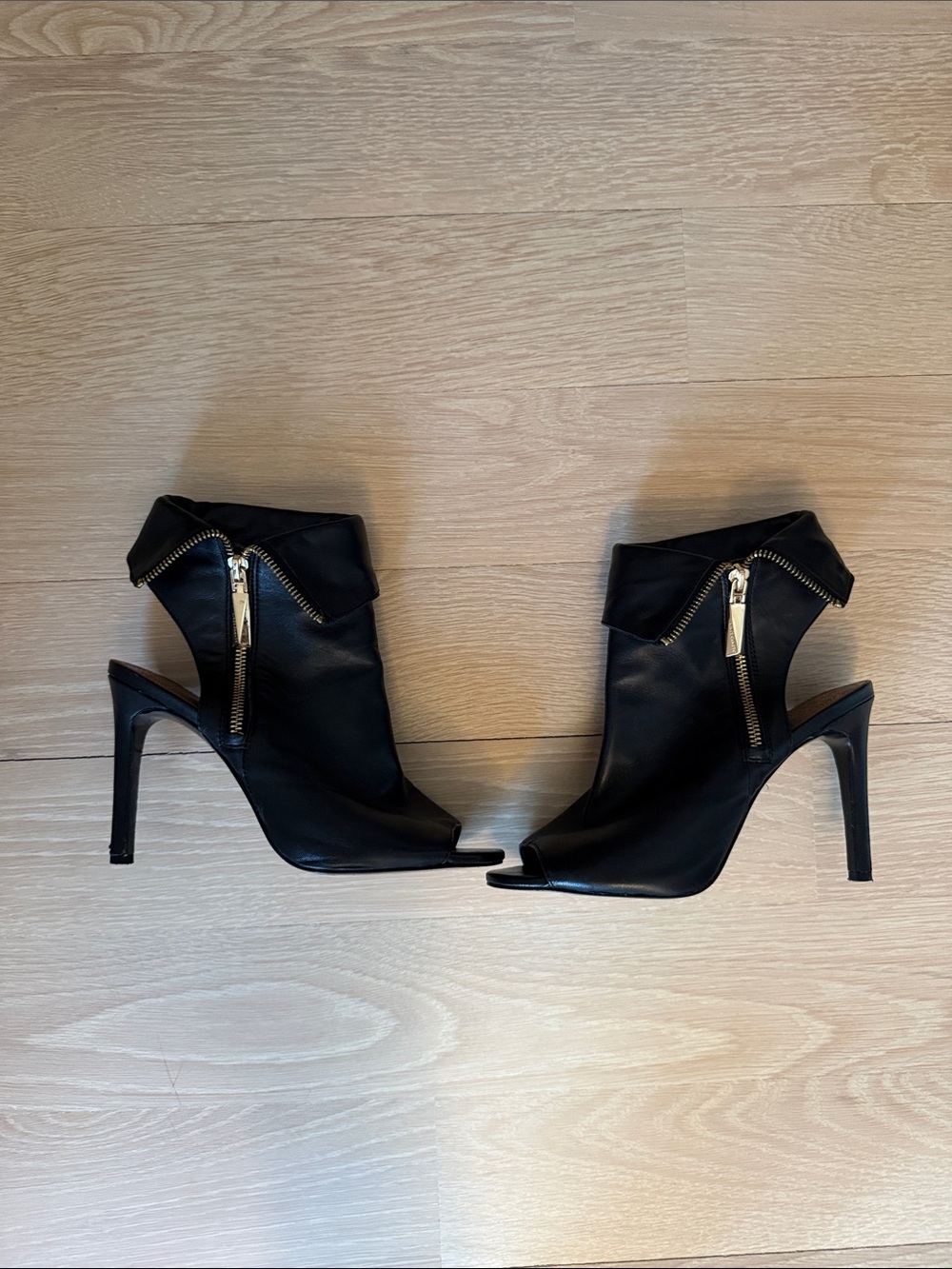 Vince Camuto Black Peep-Toe Stiletto Ankle Booties with Gold Zippers